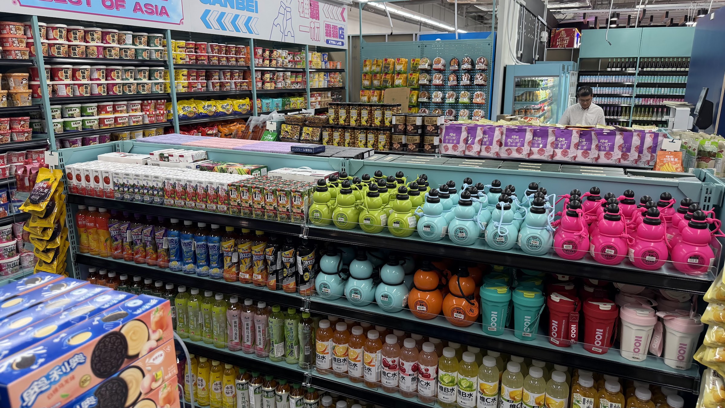 A curated food assortment in an overseas grocery store